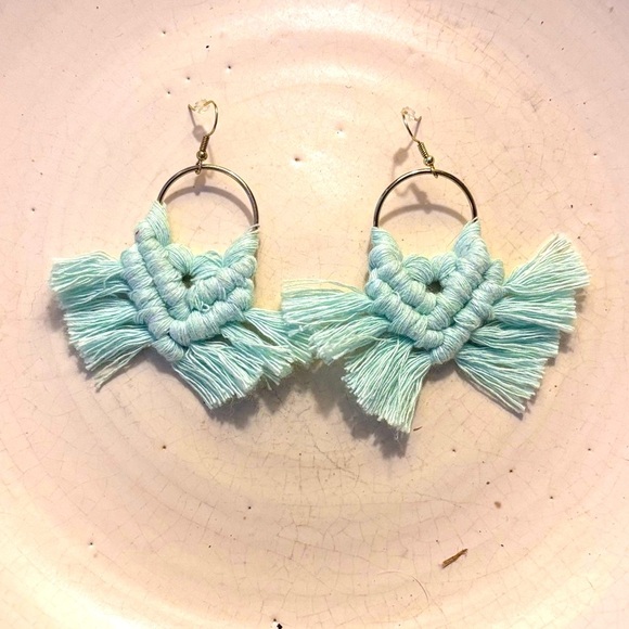 Boho Handmade Light Blue Macramé Tassel Earrings - Picture 1 of 5